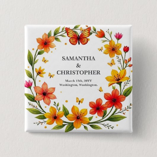 Blumen-Schmetterlings-Kranz Hochzeit Benutzerdefin Button (Vorderseite)
