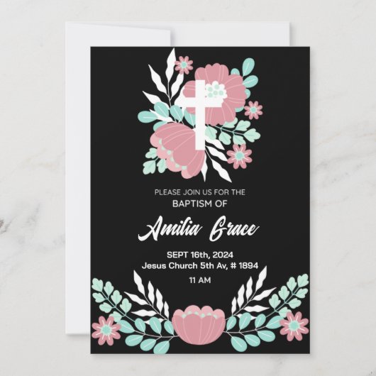 Blumen Schwarz und Weiß Elegante Taufe Einladung (Vorderseite)