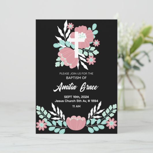 Blumen Schwarz und Weiß Elegante Taufe Einladung (Stehend Vorderseite)