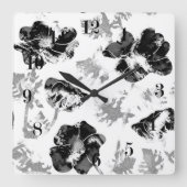 Blumen, Schwarz und Weiß Quadratische Wanduhr (Vorderseite)