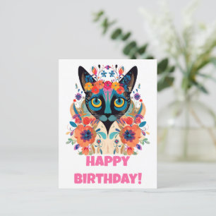 Blumen-Siamkatze Postkarte: Happy Birthday Edition Postkarte