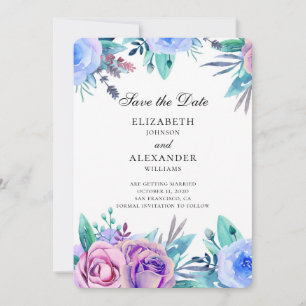 Blumen sichern das Datum. Lila und blaue Hochzeit Einladung