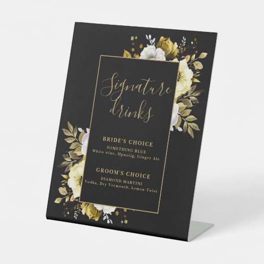 Blumen-Signaturgetränke aus Schwarz und Gold Sockelschild (Vorderseite)