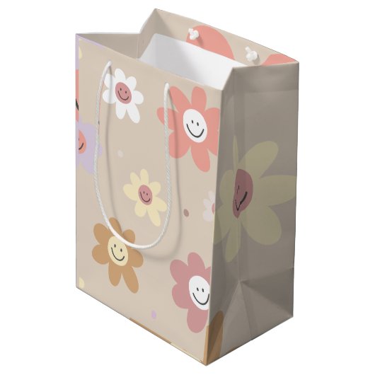 Blumen-Smiley-Geschenkpapier Mittlere Geschenktüte (Rückseite Schrägansicht)