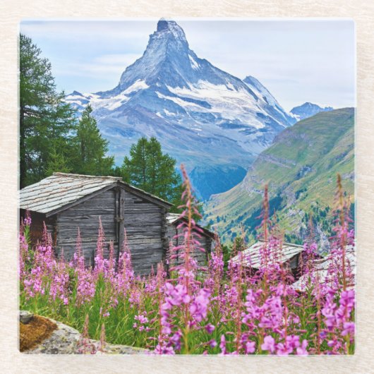 Blumen | Sommermatterhorn Schweiz Glasuntersetzer (Vorderseite)
