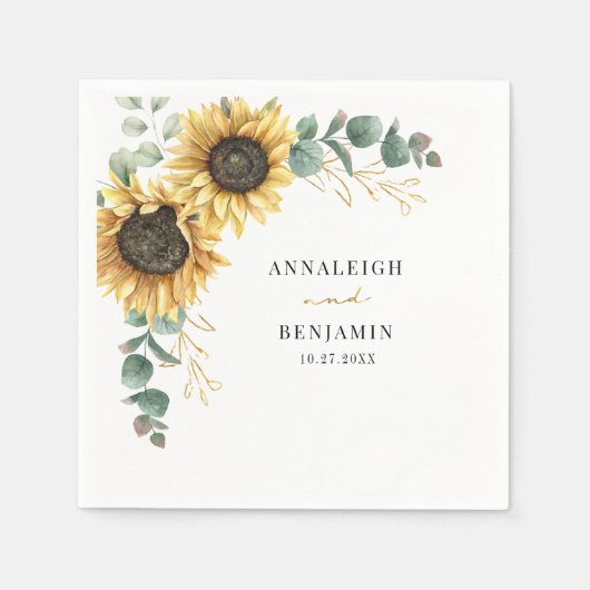 Blumen-Sonnenblumen-Eukalyptus-Hochzeitspapier Serviette (Vorderseite)