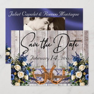 Blumen, Spitze und Hufeisen Blaues Band Hochzeit Save The Date