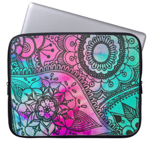 Blumen-Stammes- Muster-Rosa-und Aqua-Laptop-Hülse Laptopschutzhülle