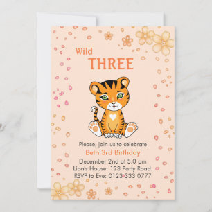 Blumen Süß Wild Drei Tiger 3. Geburtstagseinladung Einladung