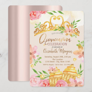 Blumen, Süßigkeiten, Roségold Quinceañera Einladung