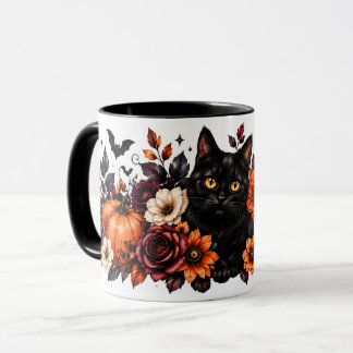 Blumen-Tasse mit schwarzer Katze Halloween Tasse