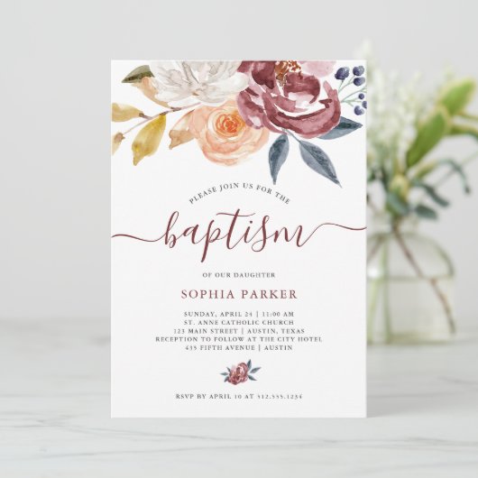 Blumen| Taufe Burgunder-Aquarell- Einladung (Stehend Vorderseite)