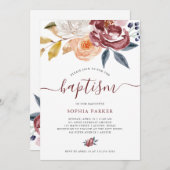 Blumen| Taufe Burgunder-Aquarell- Einladung (Vorne/Hinten)