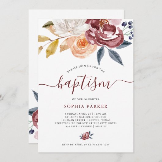 Blumen| Taufe Burgunder-Aquarell- Einladung (Vorne/Hinten)