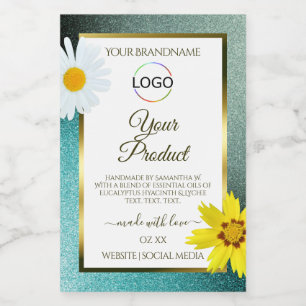 Blumen Teal Blau Glitter Weiße Produktetiketten Lo Lebensmitteletikett