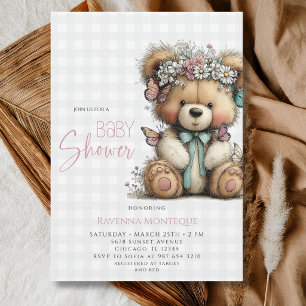 Blumen-Teddy-Bär-Buffalo-Karo-Mädchen-Baby-Party Einladung