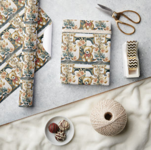 Blumen-Teddybär Buchstabe T Geschenkpapier