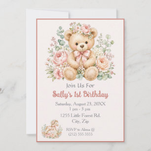 Blumen-Teddybär-Pastell-Design individuelle Geburt Einladung