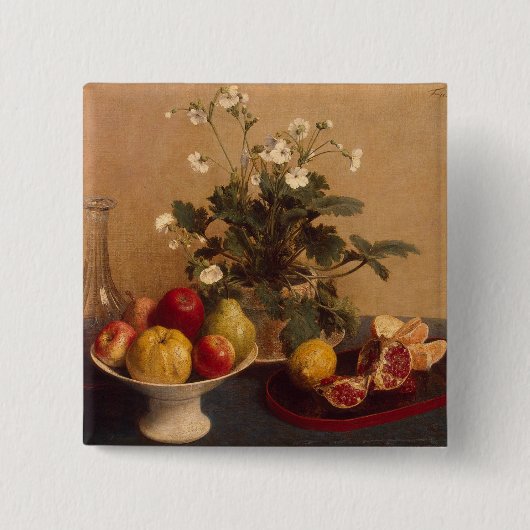 Blumen, Teller mit Frucht und Carafe, 1865 Button (Vorderseite)
