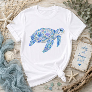 Blumen-Themen-Meeresschildkröten-Töpferei-Kunst T-Shirt