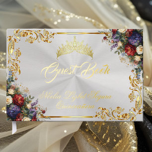 Blumen, Tiara und Goldene Blätter - Weiße Perle Gästebuch