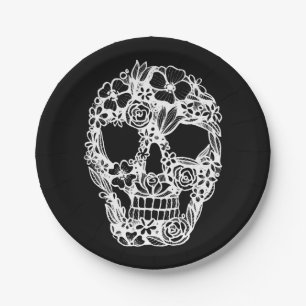 Blumen-Totenkopf Blumen komplizierte gotische Weiß Pappteller