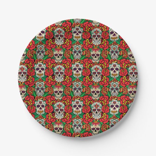 Blumen-Totenkopf-Muster Pappteller (Vorderseite)