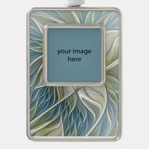 Blumen-Traum-Muster abstrakt Blau Khaki + Foto Rahmen-Ornament Silber