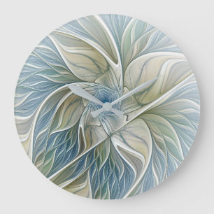 Blumen-Traum-Muster abstraktes Blau Khaki Fraktal Große Wanduhr