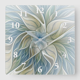 Blumen-Traum-Muster abstraktes Blau Khaki Fraktal Quadratische Wanduhr