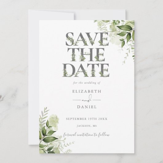 Blumen-Typografie QR-Code Hochzeit Save The Date (Vorderseite)