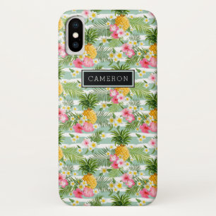Blumen u. Ananas-aquamarine Streifen   addieren iPhone X Hülle