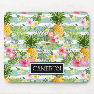 Blumen u. Ananas-aquamarine Streifen | addieren Mousepad