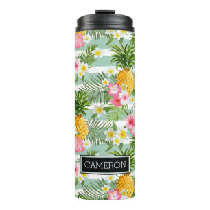 Blumen u. Ananas-aquamarine Streifen addieren Thermosbecher
