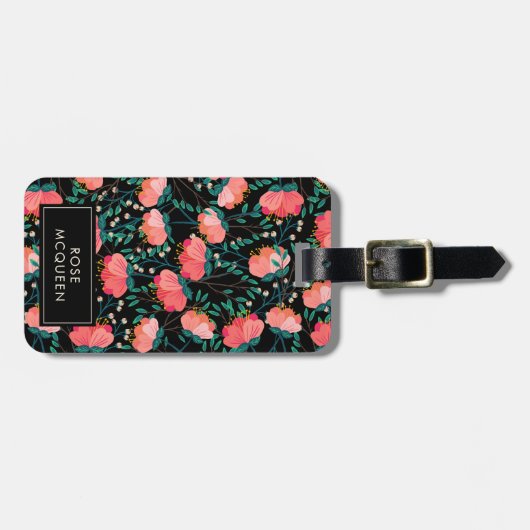 Blumen-u. Beeren-Muster - rosa u. schwarz - Name Gepäckanhänger (Vorderseite horizontal)