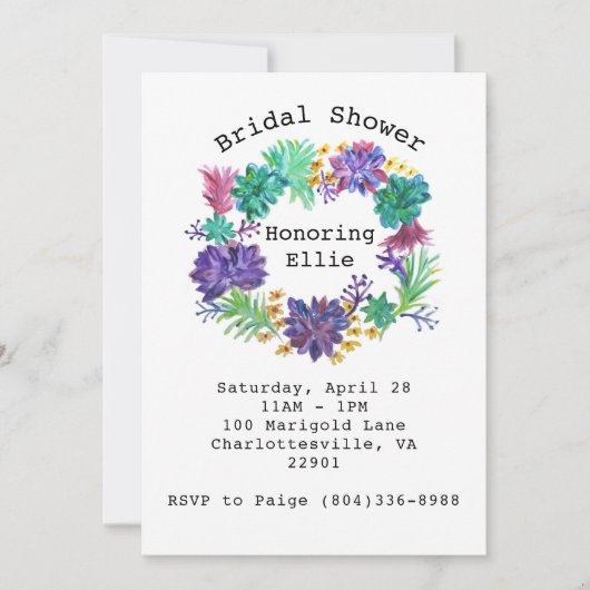 Blumen- u. saftiges Wreath-Brautparty laden ein Einladung (Vorderseite)