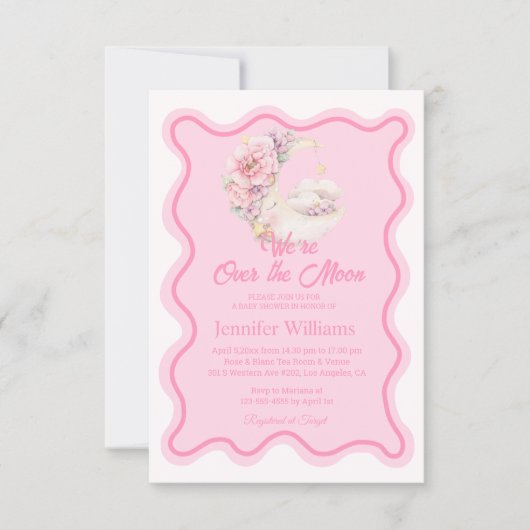 Blumen über dem Mond rosa gewellte Babydusche Einladung (Vorderseite)