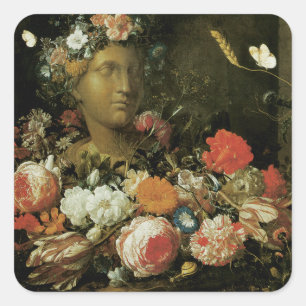 Blumen um eine klassizistische Büste Quadratischer Aufkleber