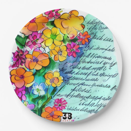 Blumen und Buchstaben Pappteller (Vorderseite)