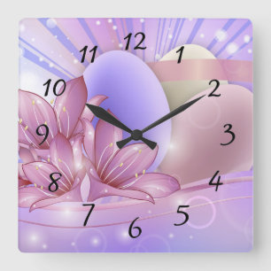 Blumen und Eier auf einem farbenfrohen Pastellhint Quadratische Wanduhr
