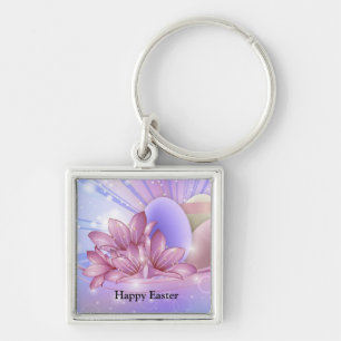 Blumen und Eier auf einem farbenfrohen Pastellhint Schlüsselanhänger