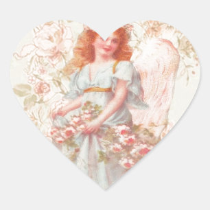 Blumen und Engel Vintage Collage Herz-Aufkleber