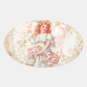 Blumen und Engel Vintage Collage Ovaler Aufkleber