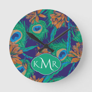 Blumen und Federn Monogramm Runde Wanduhr