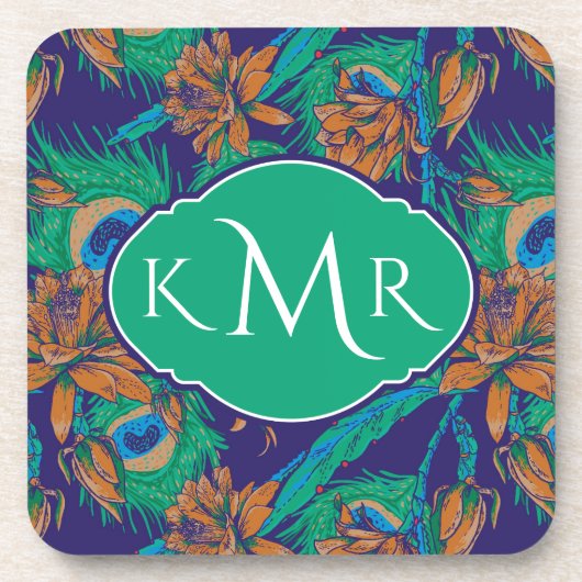 Blumen und Federn | Monogramm Untersetzer (Vorderseite)