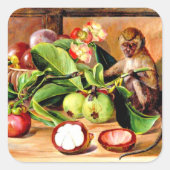 Blumen und Früchte der Mangostane; Singapur-Affe Quadratischer Aufkleber (Vorderseite)
