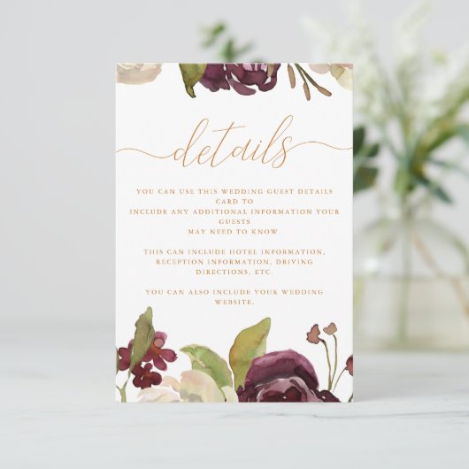 Blumen und Kalligrafie - Hochzeitgäste - Details Begleitkarte (Stehend Vorderseite)