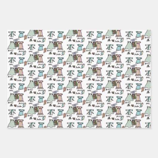 Blumen und Kleidung, blau und braun Geschenkpapier Set (Vorderseite 3)