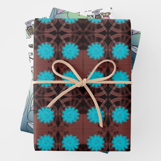 Blumen und Kleidung, blau und braun Geschenkpapier Set (Beispiel)