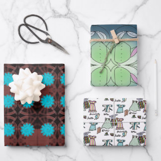 Blumen und Kleidung, blau und braun Geschenkpapier Set